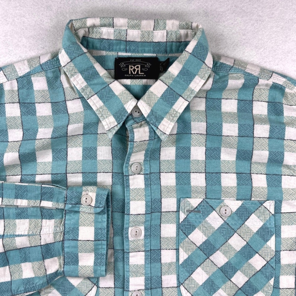 NWT! RRL Ralph Lauren Mens Teal White Checkered Long Sleeve Button Down Shirt XL
